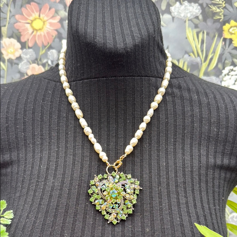🌟Adorned Crown Jewelry assemblage pearl green rhinestone pendant necklace